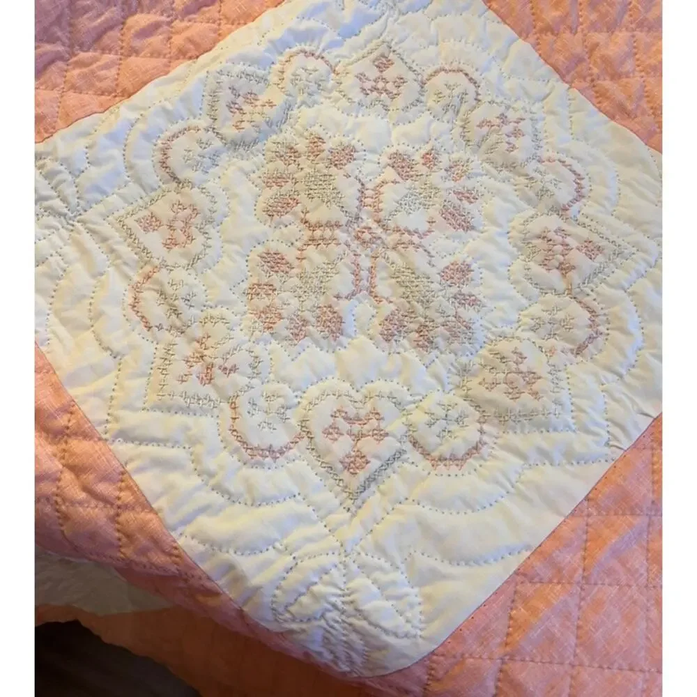 Vtg Handmade Stitched Quilt Twin 101 x 88 Peach Incomplete Project Cottage Retro